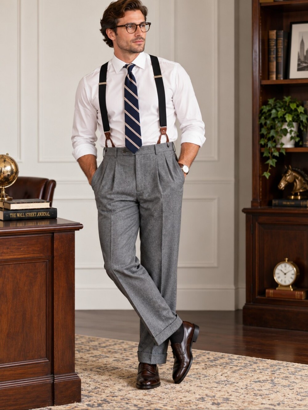 Y2K Tommy Hilfiger Gray Pleated Dress Trousers Suspenders Classic Preppy W38 L32